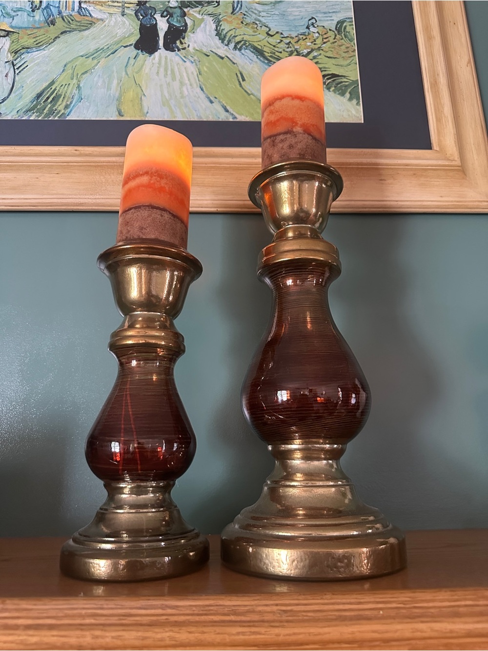 Brass and Amber Glass Candle Holders with Brown Gradient Pillar LED Candles